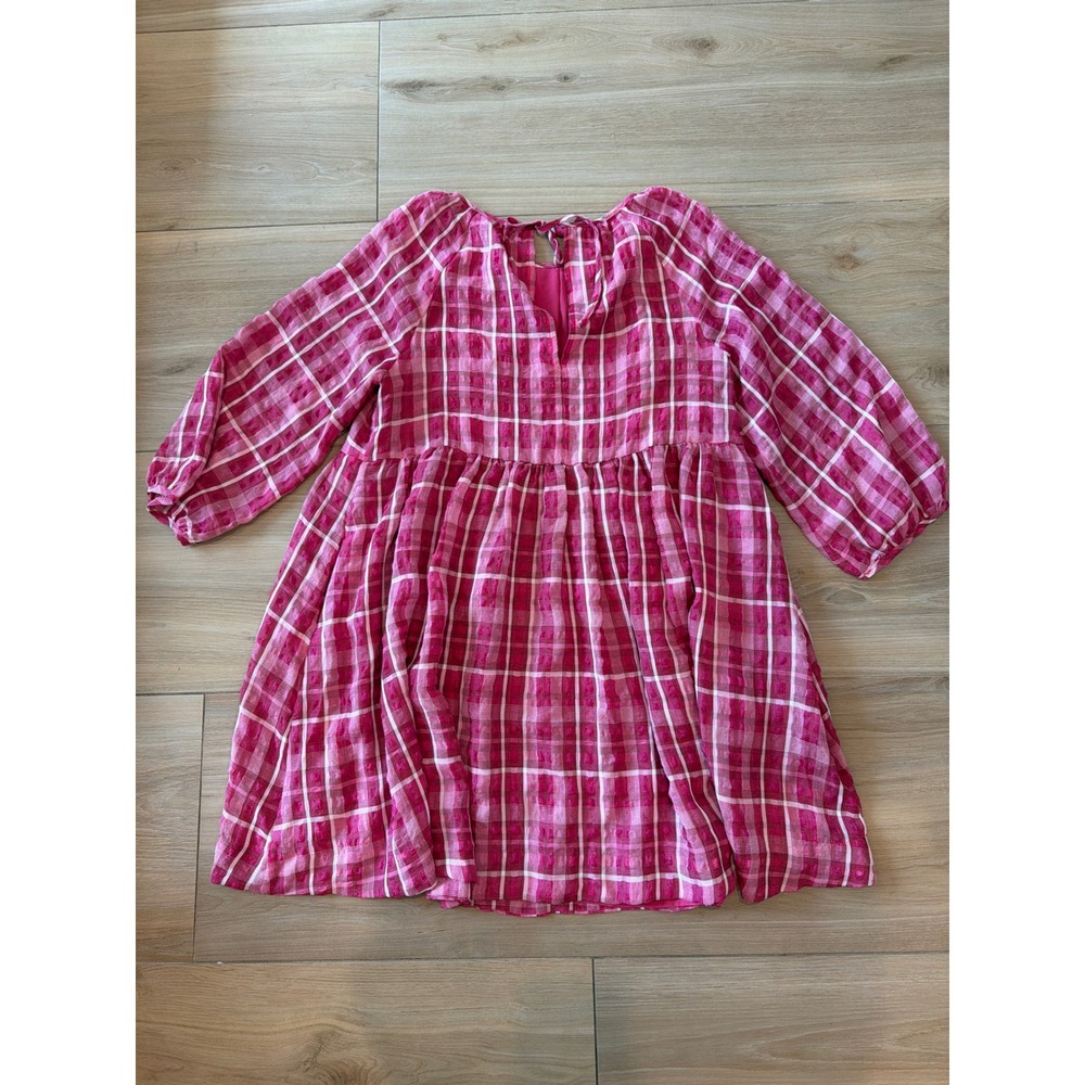 Madewell Pink Plaid Dobby‎ Babydoll Mini Dress Balloon Sleeve Tie Back Size S - Picture 4 of 6